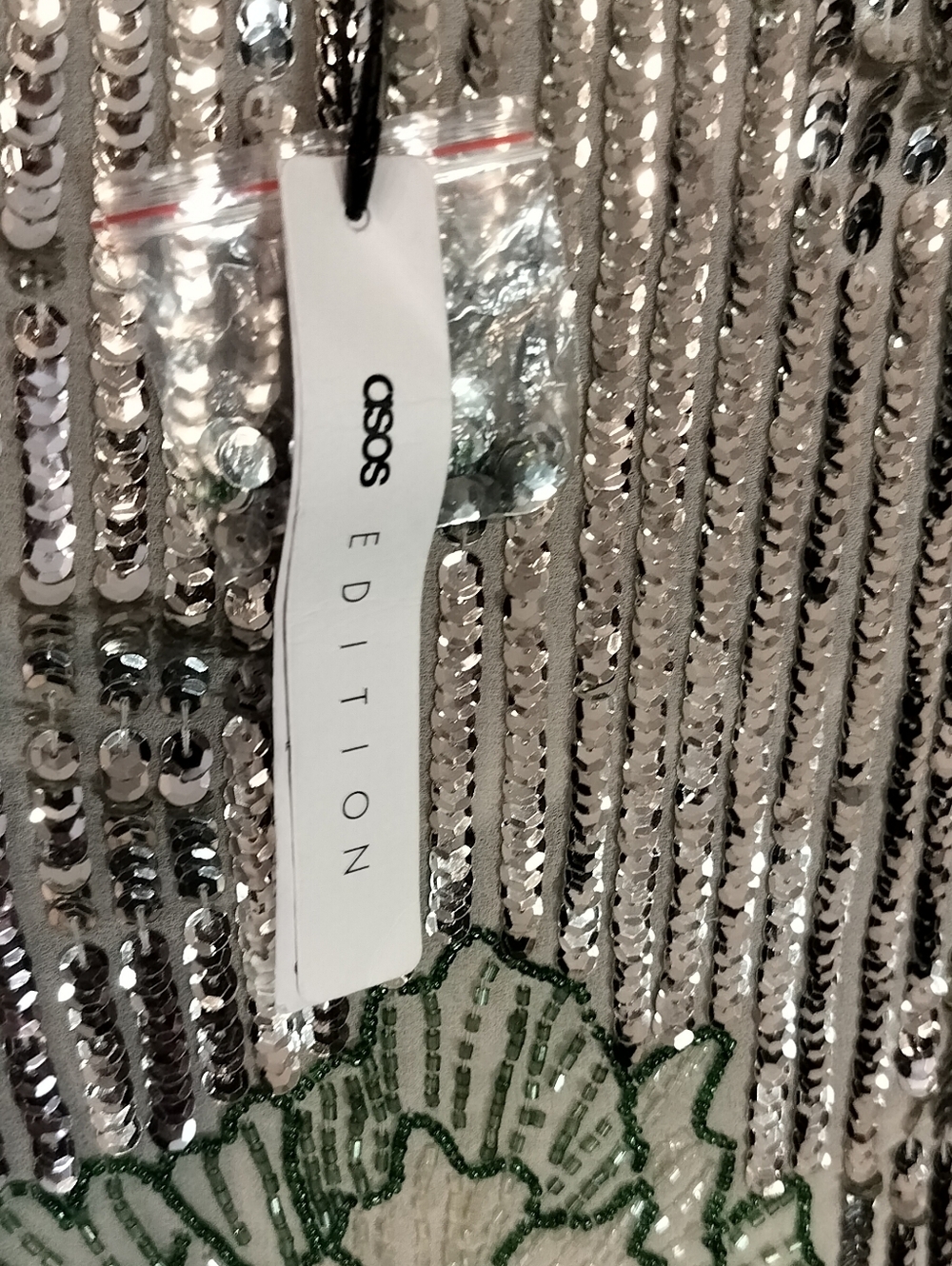Silver Sequin Slip Dress with Green Floral Fringe - Picture 5 of 5